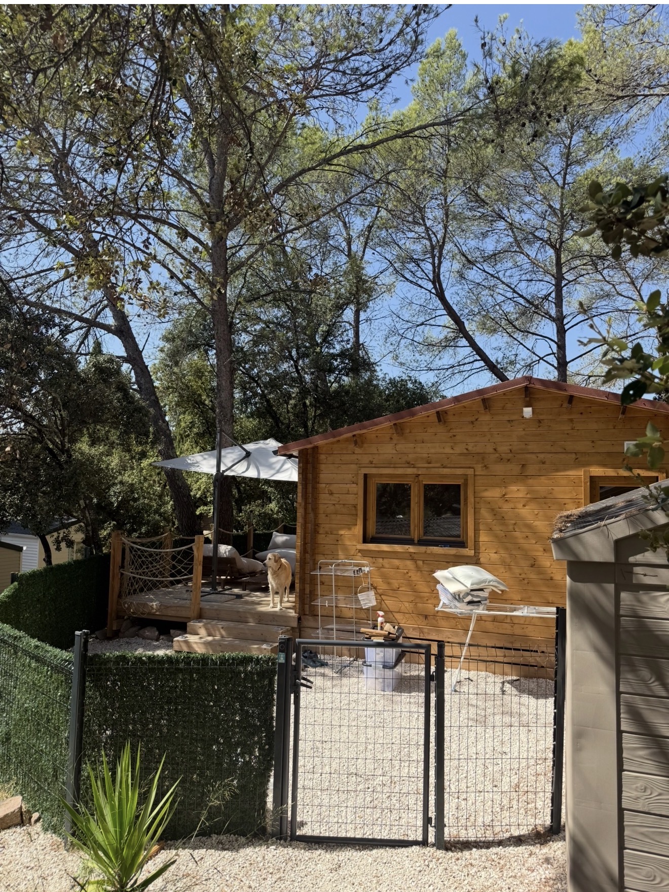 Extérieur d'un chalet en bois du domaine, vu depuis le jardin