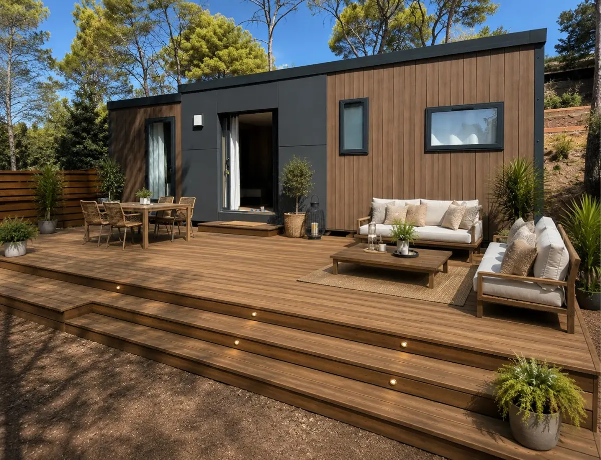 Illustration non contractuelle, mobil-home Taos de 40 m² avec 2 chambres et sa terrasse en bois