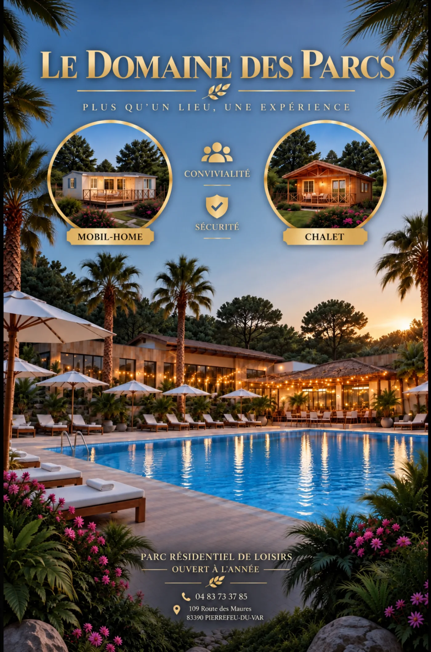 Plaquette Le Domaine des Parcs, page 1 : parc résidentiel de loisirs ouvert à l'année