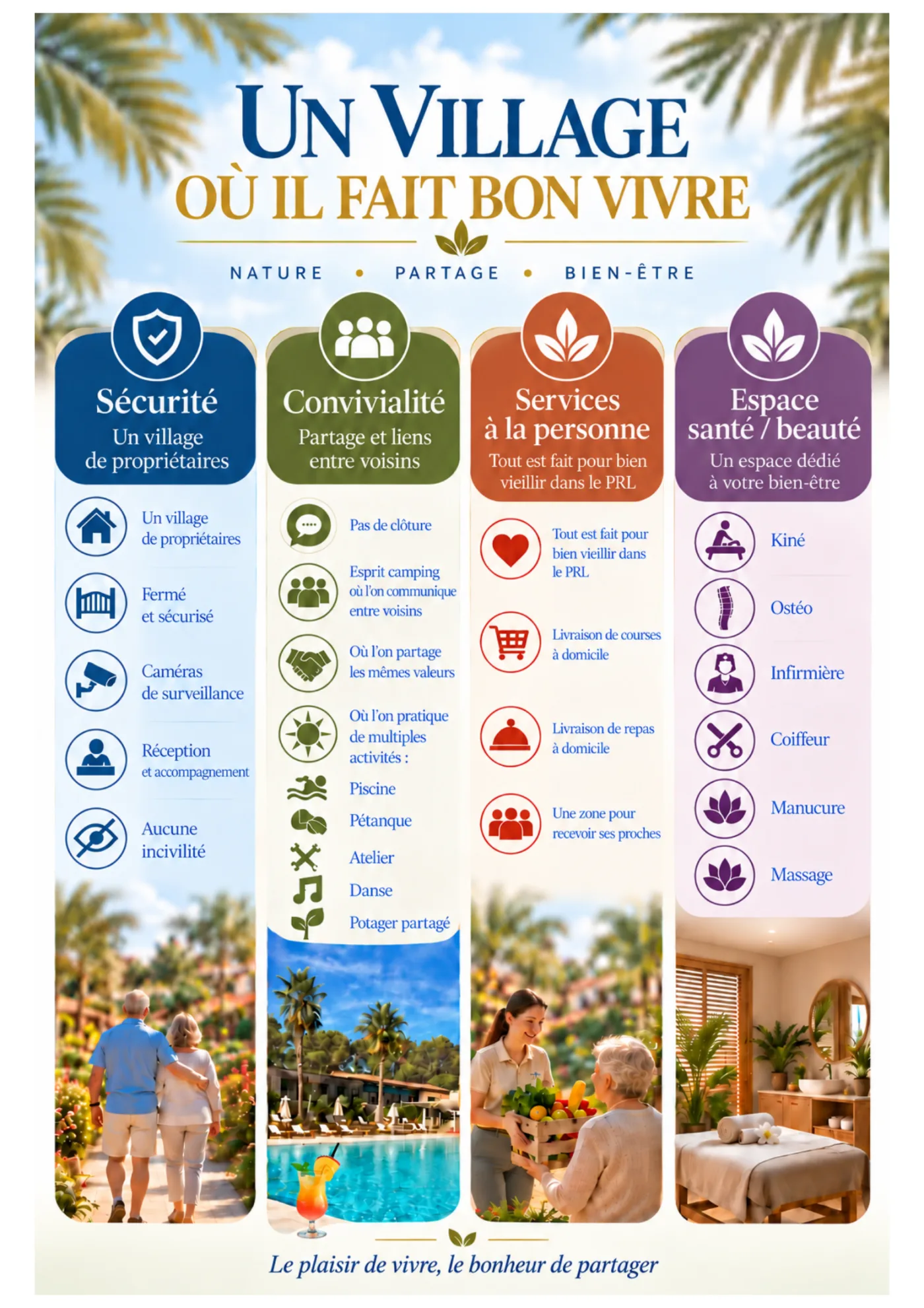Plaquette Le Domaine des Parcs, page 2 : un village où il fait bon vivre, sécurité, convivialité, services à la personne et espace santé et beauté