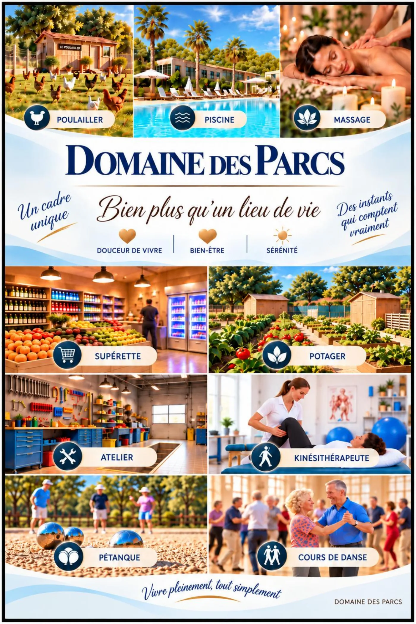 Plaquette Le Domaine des Parcs, page 4 : poulailler, piscine, massage, supérette, potager, atelier, kinésithérapeute, pétanque et cours de danse